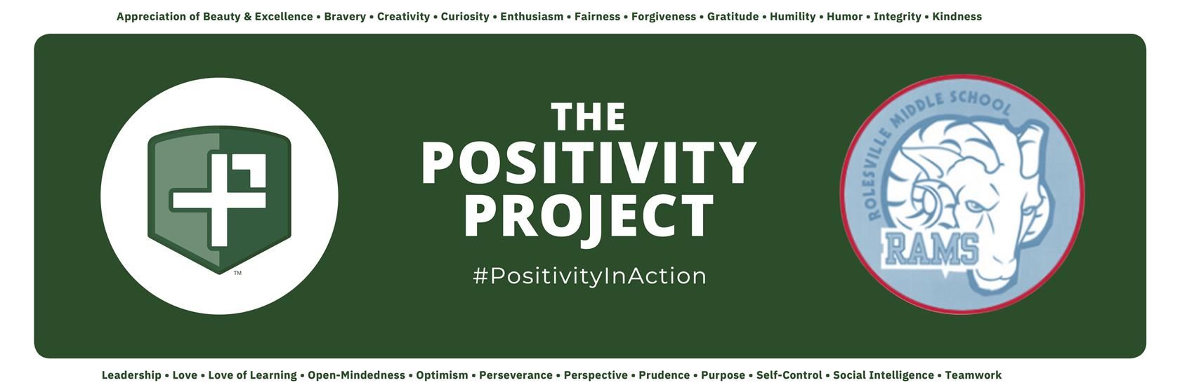 banner image of Positivity Project logo and Rolesville Middle School logo on green background